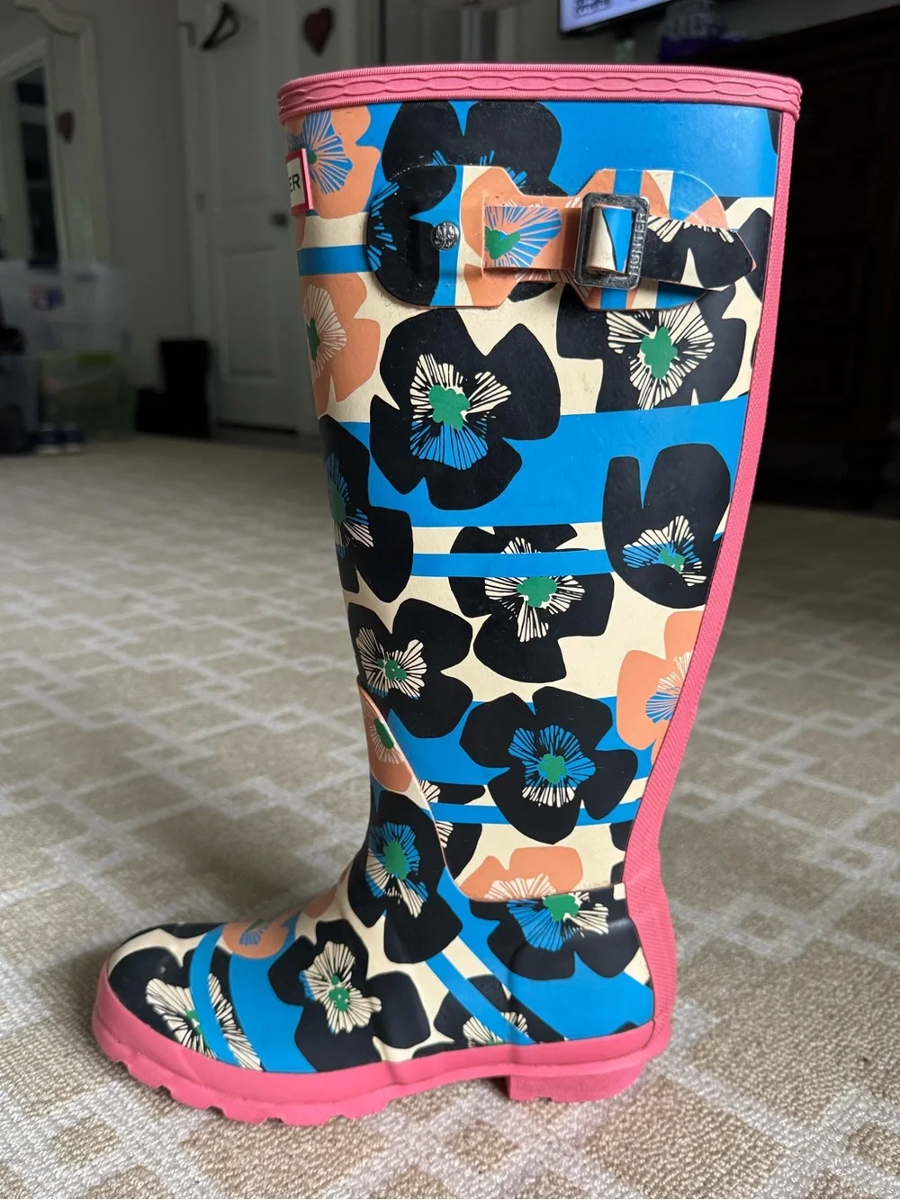 Hunter Original Tall Floral Print Rain Boots Waterproof Pink Blue Women’s US 7